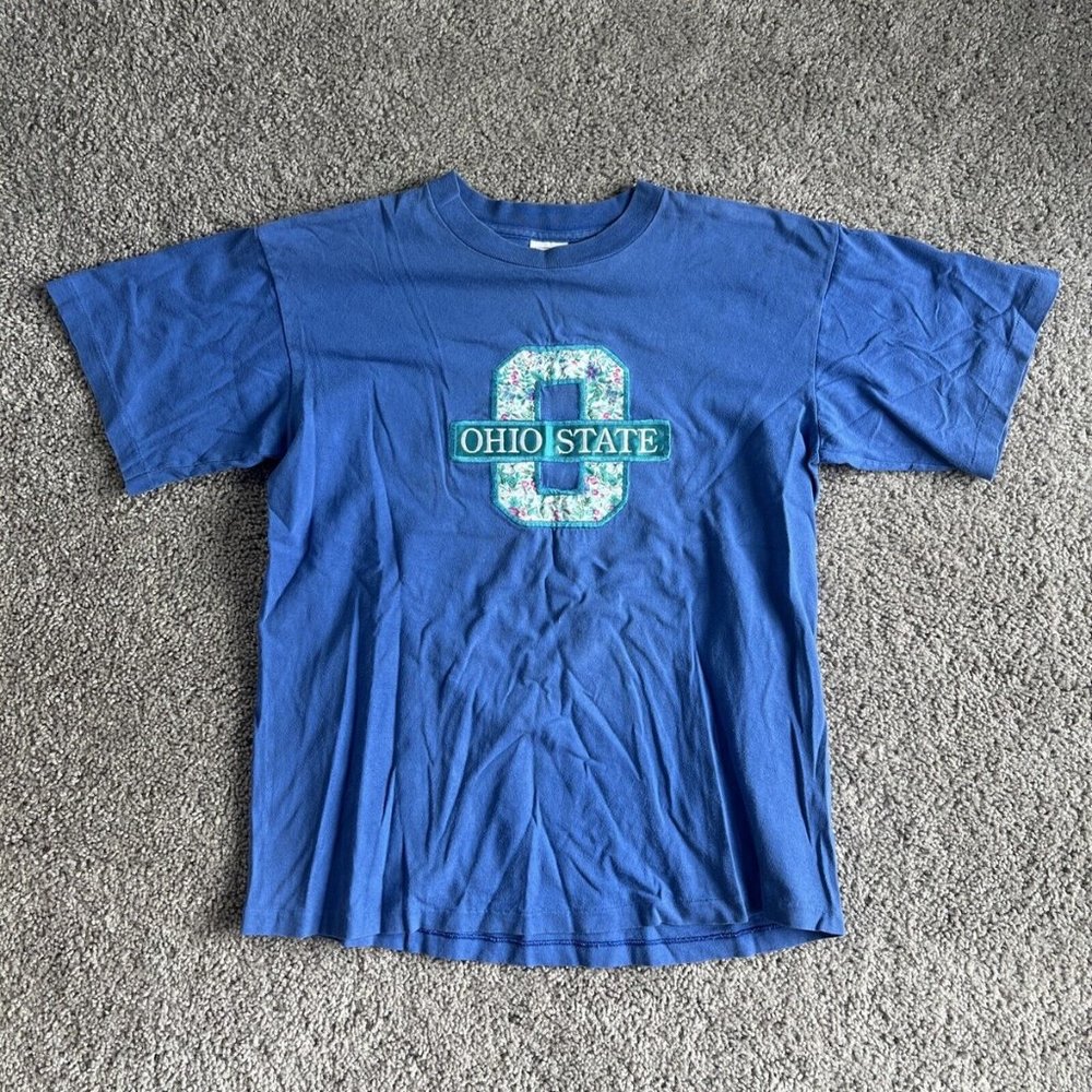 Ohio State Buckeyes blue Shirt OSU sz Large floral single stitch Embroidered USA